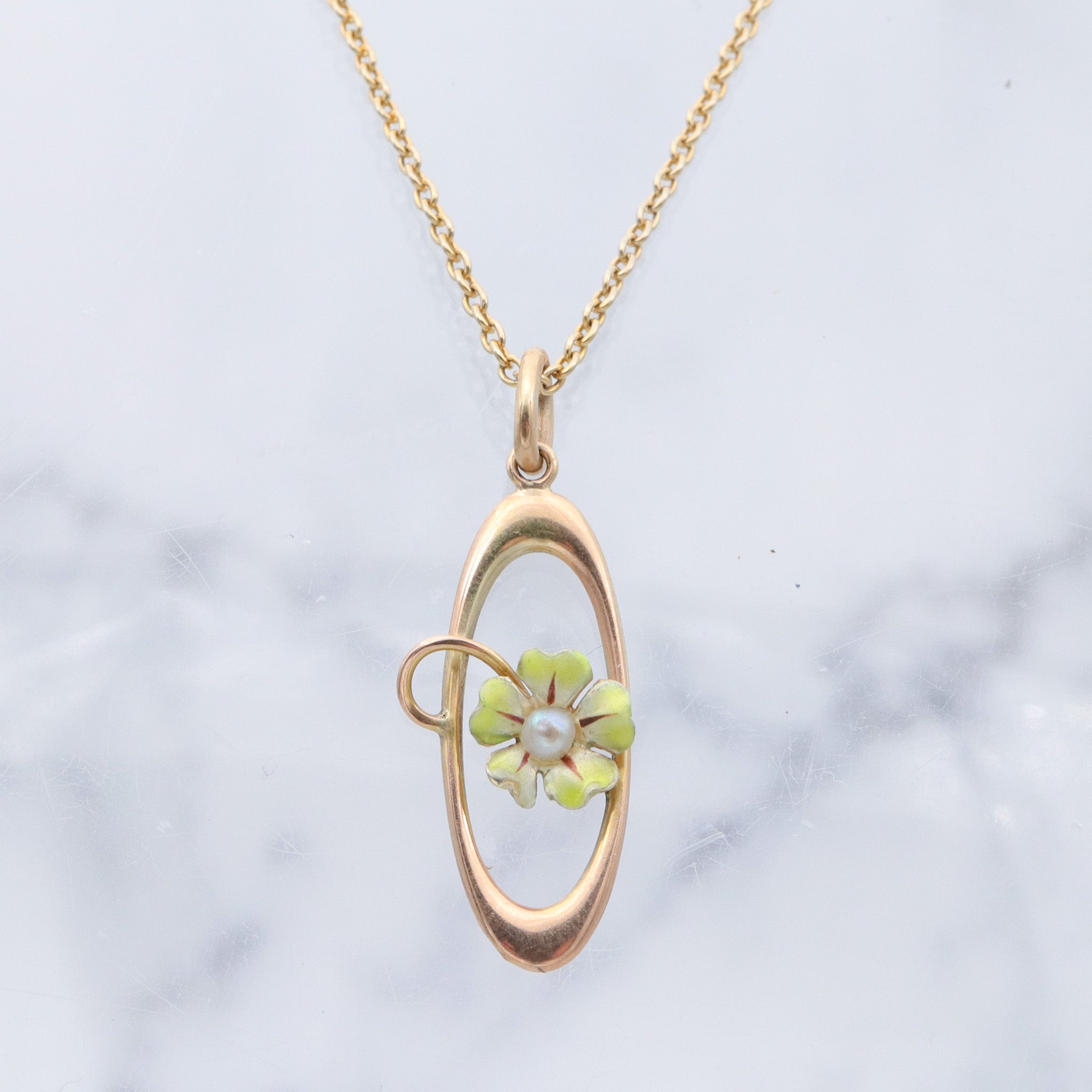 Antique Art Nouveau 10k gold enamel & pearl flower drop pendant